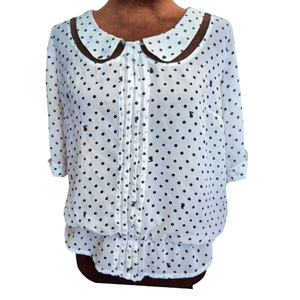 White sheer chiffon polka dot bunny print blouse Peter Pan collar size S